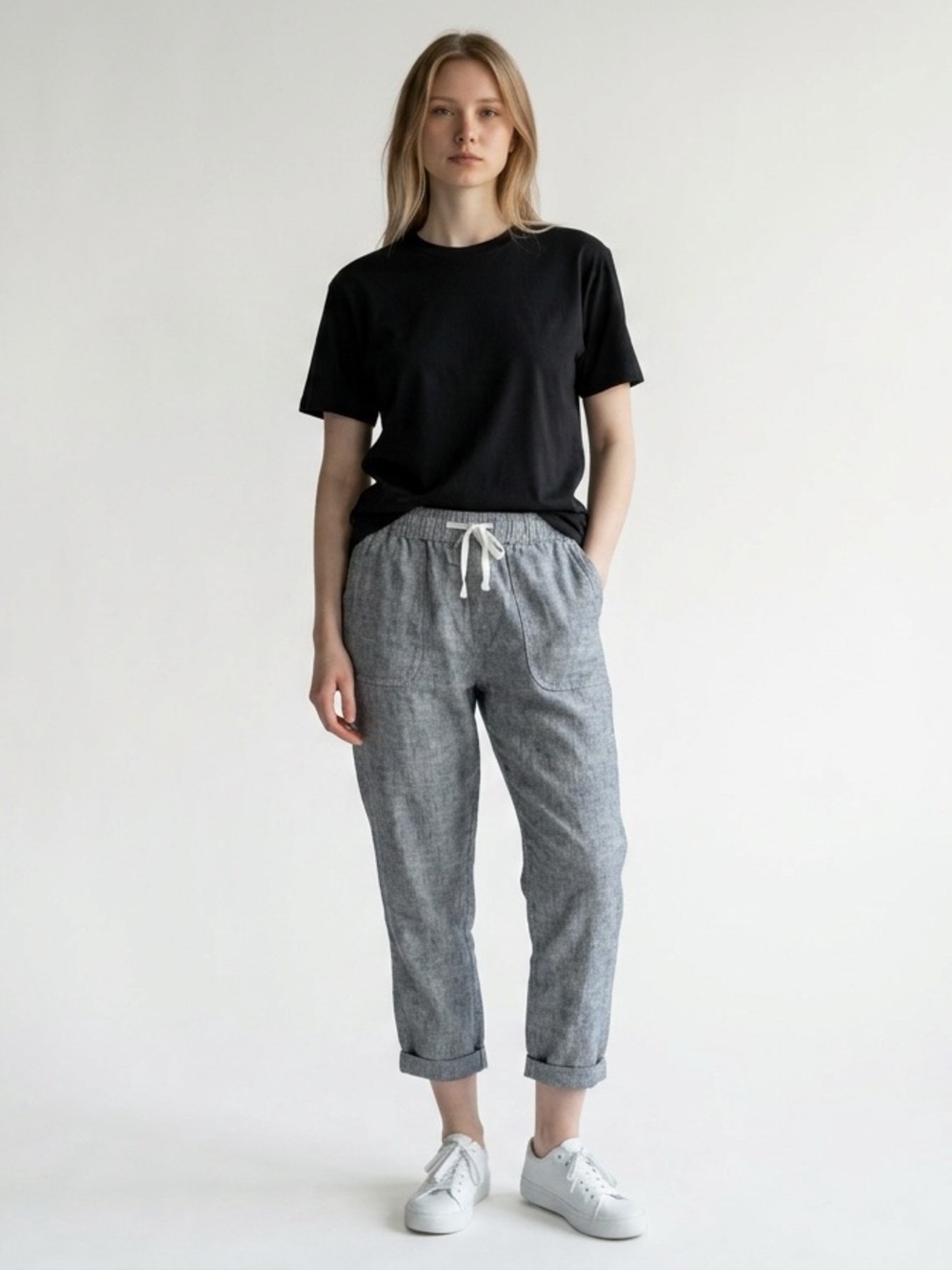 Dash Linen Blend Pull On Pants Women’s L Navy White Stripe Drawstring Ankle
